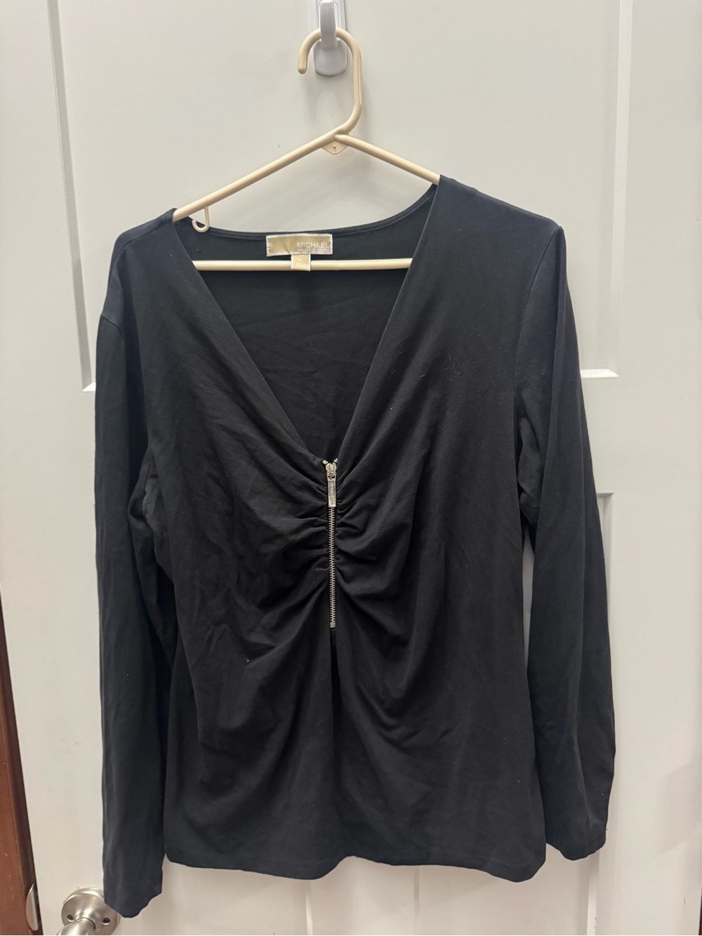 Michael Kors Black Ruched V-Neck Long Sleeve Top with Center Zip